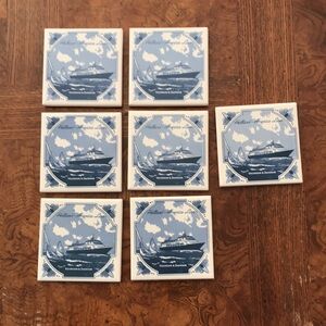 Set of 7 Vintage Holland America, Delft Blue Tile Coasters, Ceramic Cruise Ship